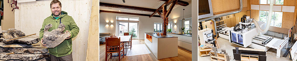 Küchenplanung der offenen Küche mit Altholzfronten und zentraler Kücheninsel von der Möbeltischlerei woodendesign in Hamburg.