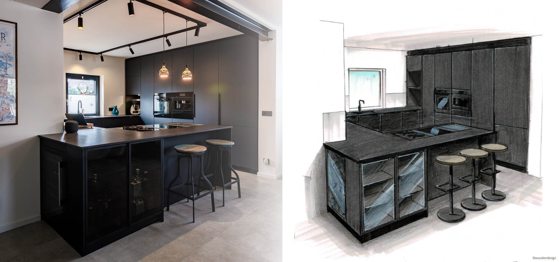 Planungsentwurf für Designküche mit ausgefallenem Design und perfekter Funktionalität  von woodendesign feine Möbel Tischler Möbeltischler Möbeltischlerei Hamburg