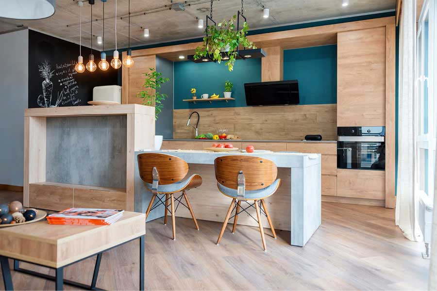Massivholzküche mit farbigen Akzenten im Industrial Shabby Look | Möbeltischlerei woodendesign aus Hamburg