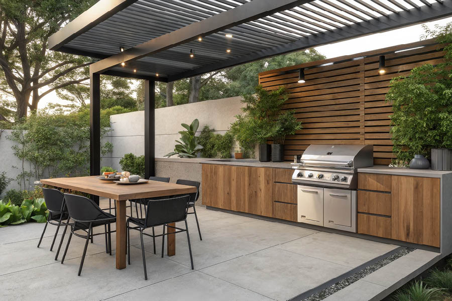 Gartenküche mit moderner Pergola & Sichtschutz | Outdoorküche / Außenküche nach Maß und genau nach Ihren Wünschen von der Möbeltischlerei woodendesign feine Möbel aus Hamburg Möbeltischler Tischlerei Tischler