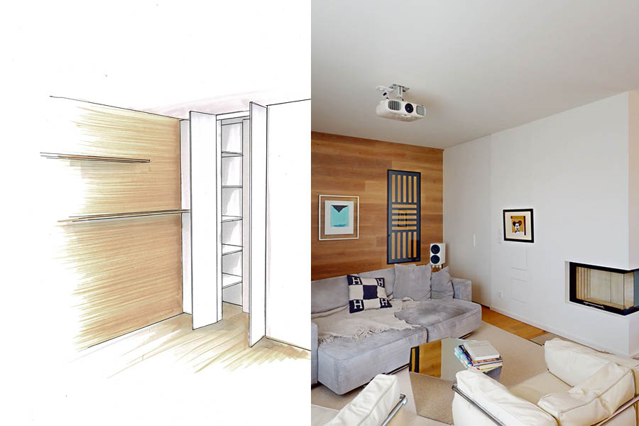 verdeckter Wandschrank mit Wandvertäfelung aus Holzpaneelen | Einbauschrank vom Schreiner / Einbauschränke von der Möbeltischlerei woodendesign in Hamburg